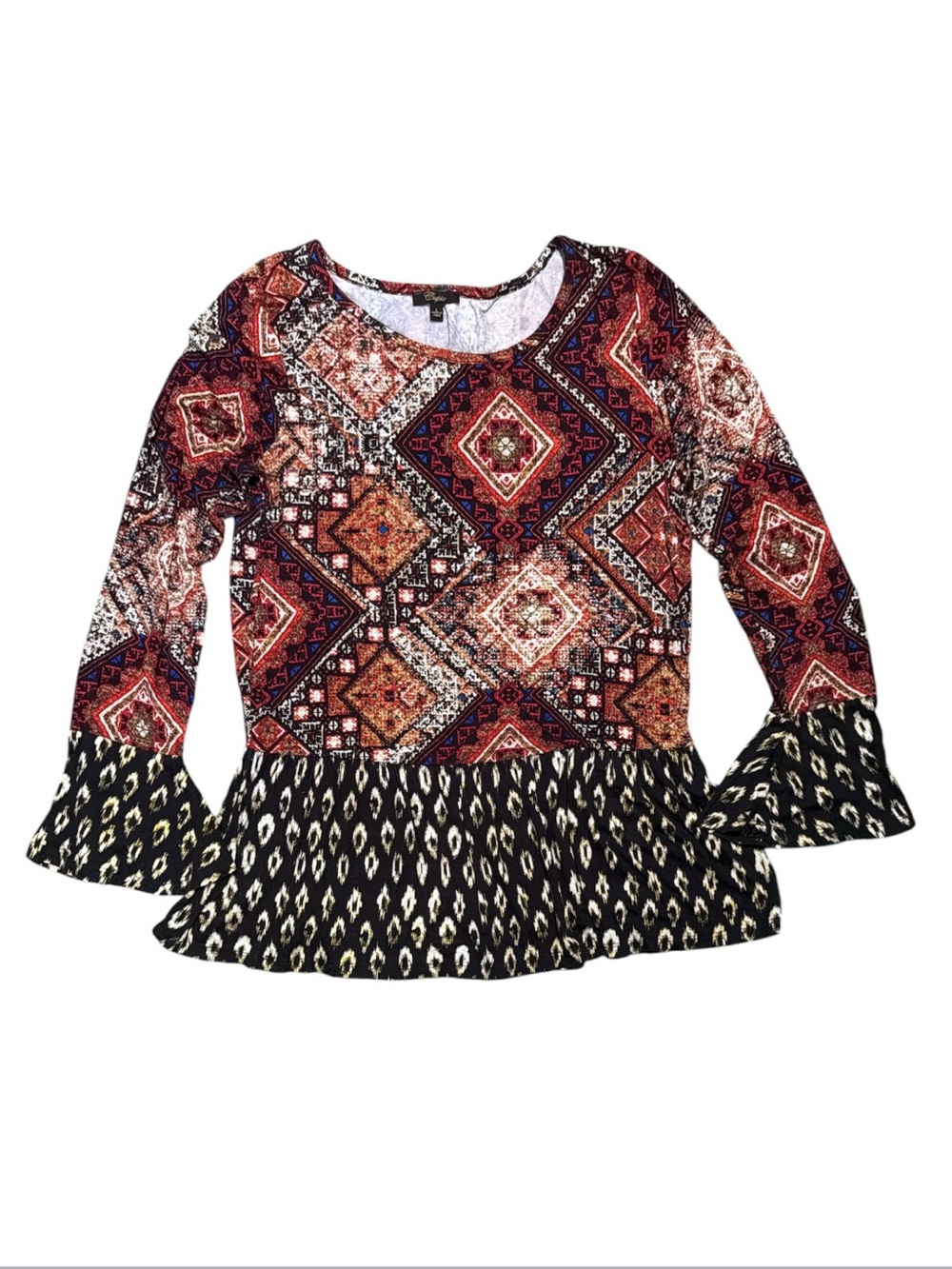Cupio Boho Mixed Print Bell Sleeve Top Size Large Stretchy Peplum Hem